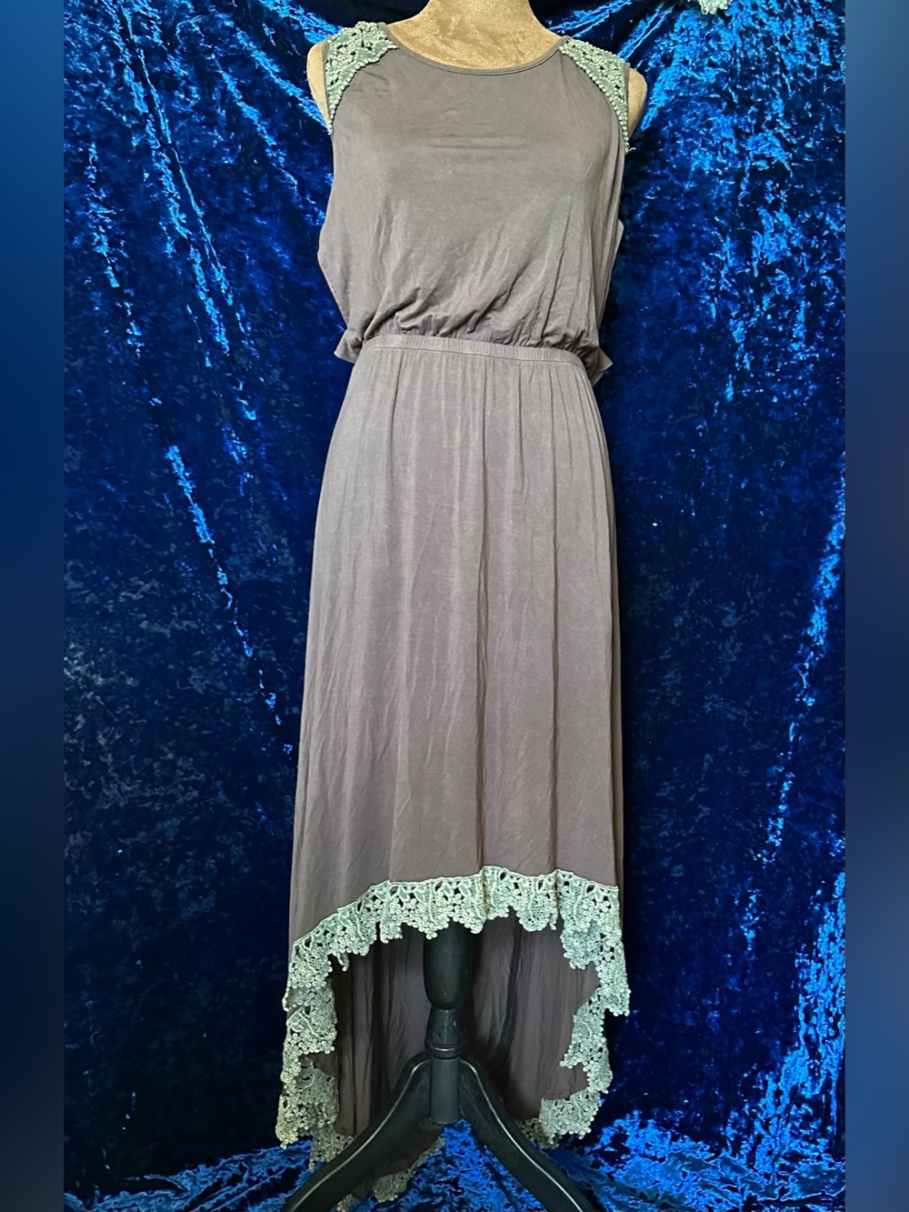POL Women's Brown Hi-Low Dress with Dark Sage Lace Trim and Lattice Back